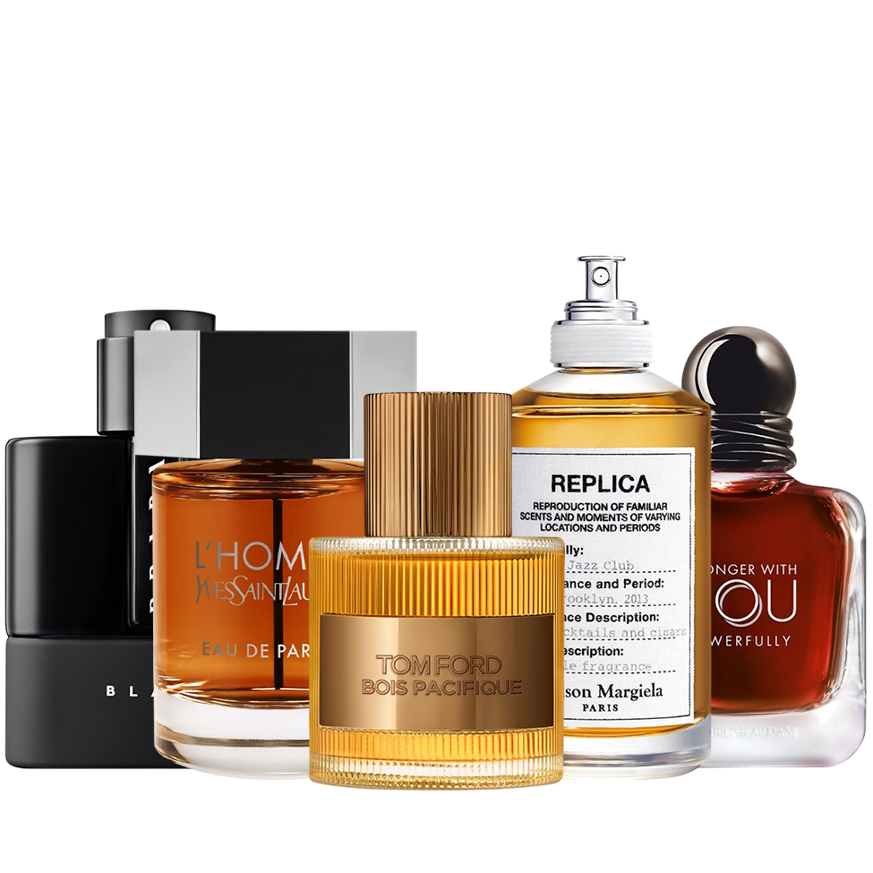 Amber & Oak Bundel voor heren met Prada Luna Rossa Black, YSL L'Homme, Tom Ford Bois Pacifique, Maison Margiela Jazz Club en Armani Stronger With You Powerfully